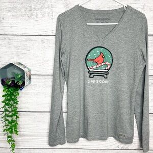 Life is Good Gray Snow Globe Cardinal Long Sleeve V-Neck Crusher Tee Size Medium